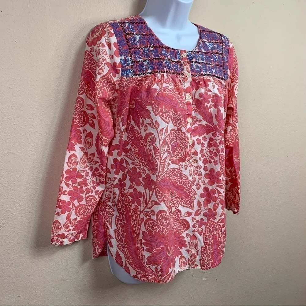 XS J Crew White Pink Floral Embroidered Pullover Top Long Sleeve Extra Small 0 2